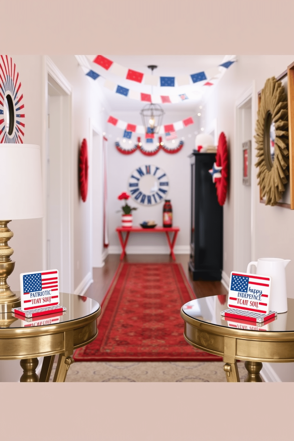 Patriotic themed coasters are placed on elegant side tables. Each coaster features vibrant red white and blue designs celebrating Independence Day. The hallway is adorned with festive decorations including bunting and string lights. Red white and blue accents create a cheerful atmosphere perfect for celebrating the holiday.