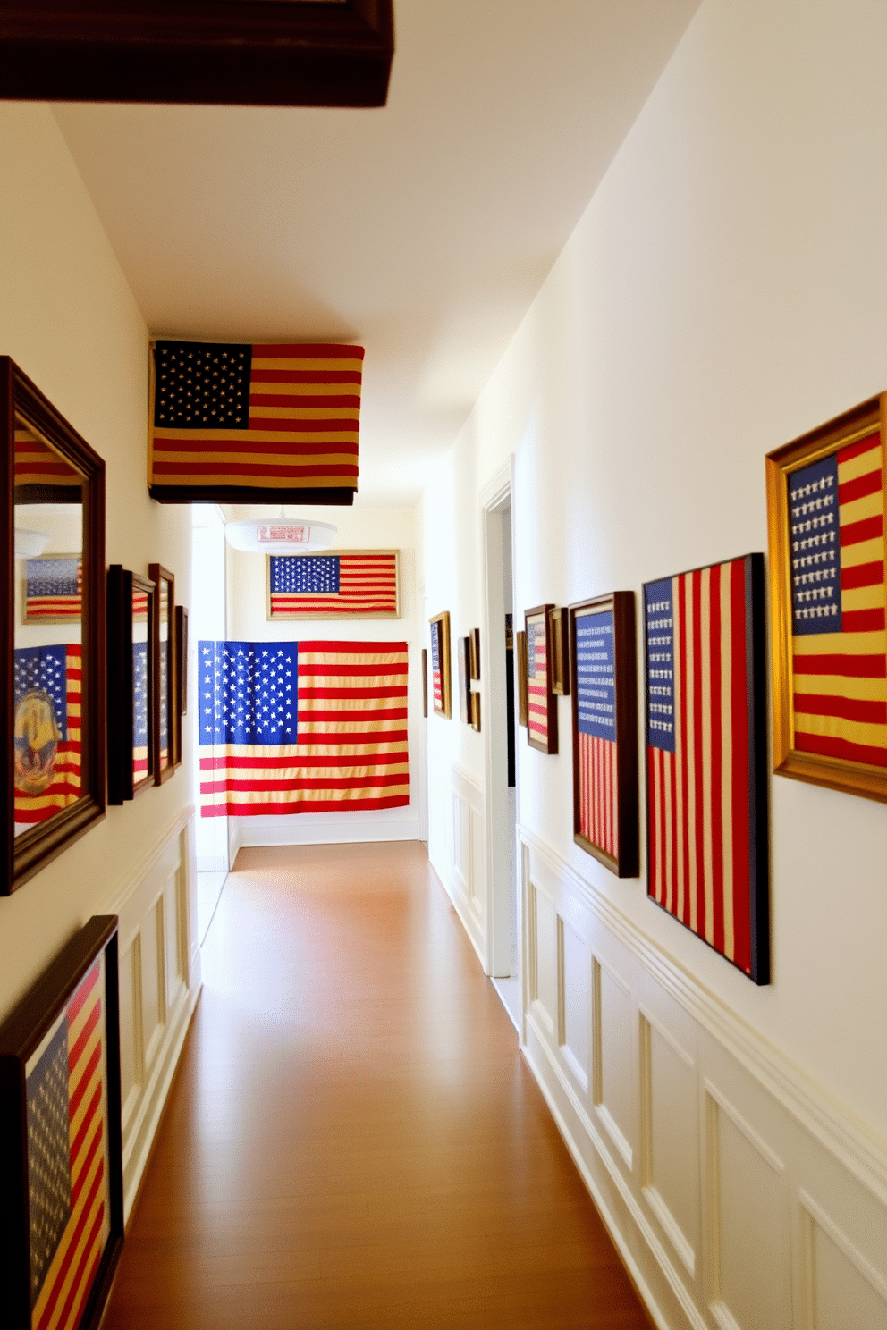 A hallway adorned with vintage American flags displayed in elegant shadow boxes. The flags are arranged in a visually appealing manner, showcasing their rich colors against a backdrop of soft white walls.