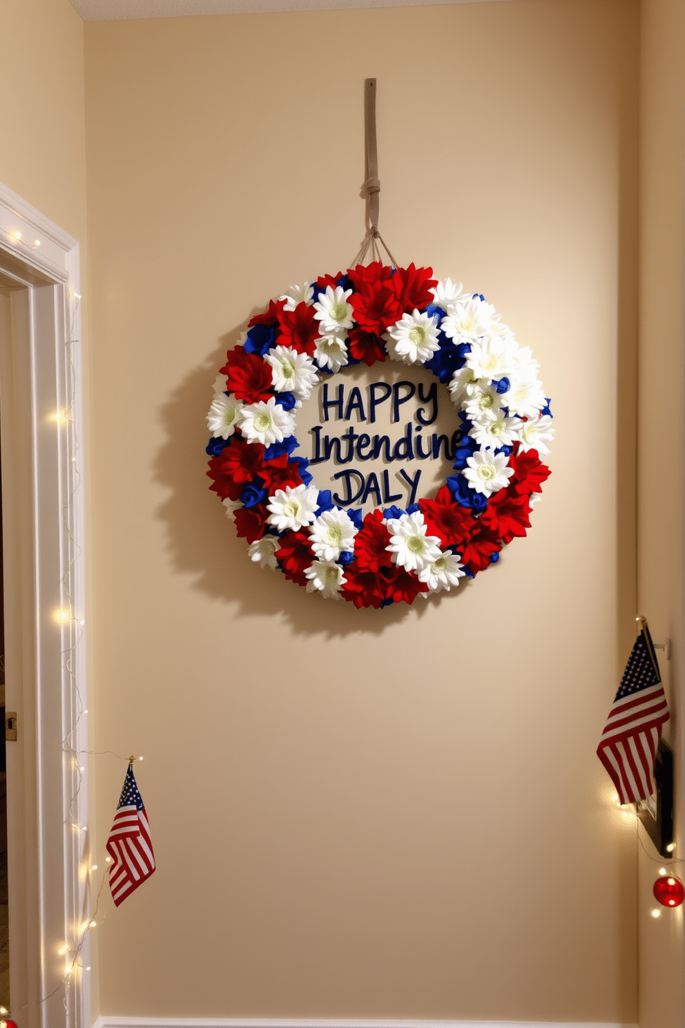 A vibrant wreath made of red, white, and blue flowers hangs on the wall, celebrating Independence Day. The hallway is adorned with festive decorations, including string lights and small American flags placed along the baseboards.