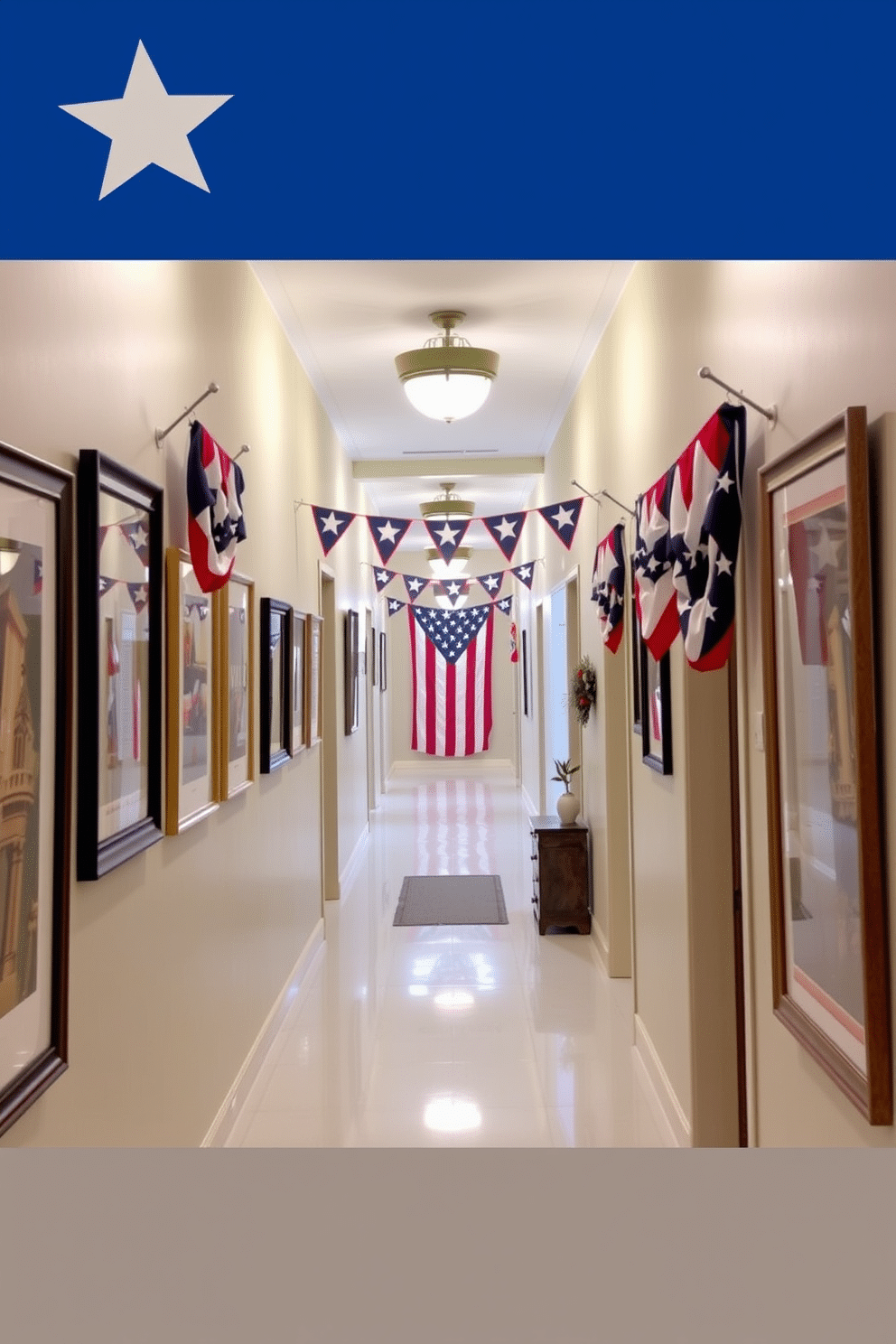 A patriotic themed hallway featuring artwork framed and hung prominently on the walls. The decor includes red white and blue accents with festive banners and small flags adorning the space.