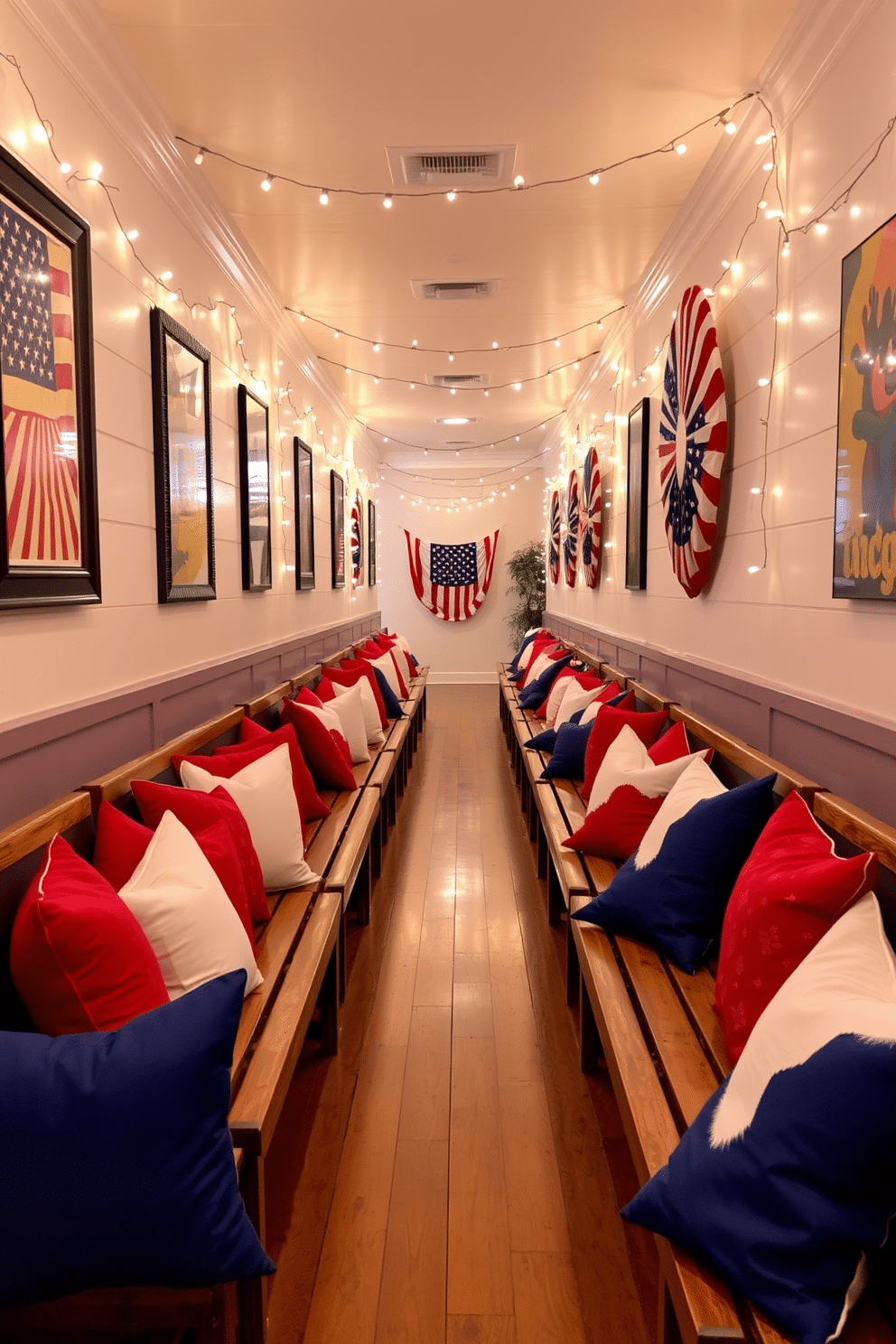 A festive hallway adorned with red white and blue pillows on wooden benches creates a vibrant atmosphere. The walls are decorated with patriotic artwork and string lights, enhancing the celebratory spirit of Independence Day.