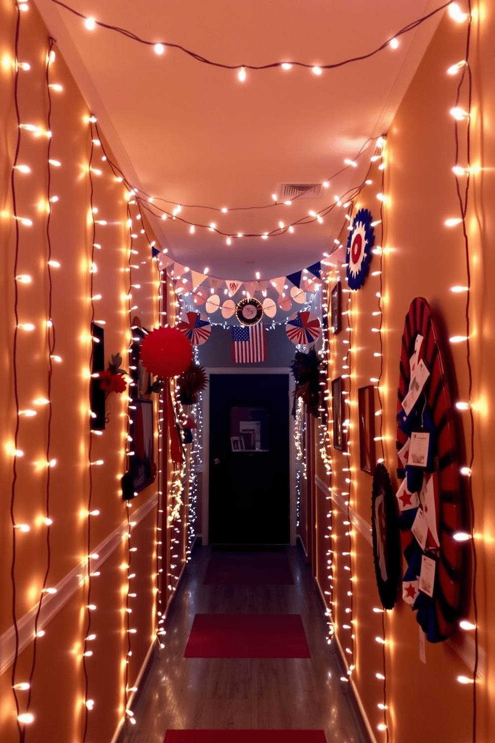 A festive hallway adorned with string lights creates a warm and inviting atmosphere. The lights are draped elegantly along the walls, casting a soft glow that enhances the patriotic decorations. Red, white, and blue accents are strategically placed throughout the hallway. Banners and garlands celebrate Independence Day, adding a cheerful touch to the festive ambiance.