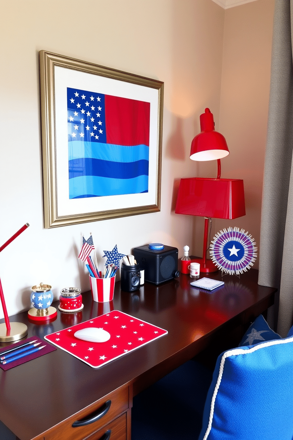 A vibrant home office setting decorated for Independence Day. The desk features an array of red white and blue accessories including a star-spangled mouse pad and a patriotic pencil holder. On the wall, a large framed flag adds a festive touch while a red desk lamp provides warm lighting. A cozy chair with a blue cushion completes the inviting workspace, perfect for celebrating the holiday.