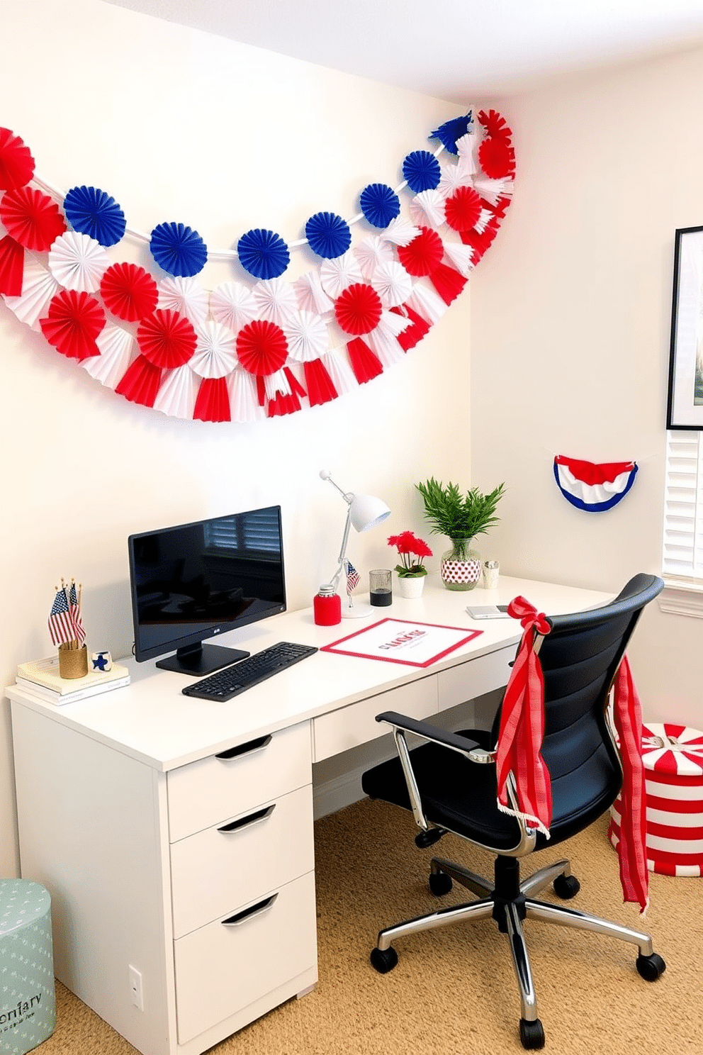 A vibrant home office decorated for Independence Day features a red white and blue paper garland draped across the wall. The workspace includes a sleek desk with patriotic-themed accessories and a comfortable chair, creating a festive yet productive atmosphere.