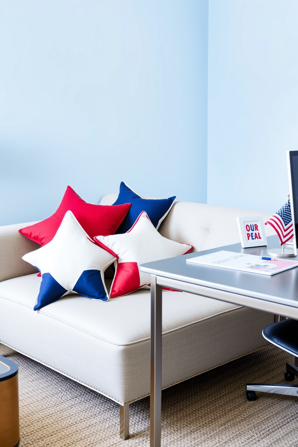 Star-shaped decorative cushions are arranged playfully on a modern couch, adding a festive touch to the space. The cushions feature vibrant red, white, and blue colors, perfectly complementing the overall Independence Day theme. In the home office, a sleek desk is adorned with patriotic decor, including a small American flag and themed stationery. The walls are painted in a soft blue hue, creating a calm and inspiring environment for productivity.