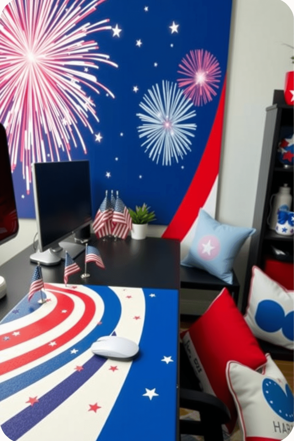 A vibrant Independence Day themed mouse pad featuring a bold red, white, and blue design. The background showcases fireworks bursting in the night sky, with stars scattered across the surface. A cozy home office decorated for Independence Day with patriotic accents. The desk is adorned with small American flags, and a red, white, and blue color scheme is incorporated through accessories like cushions and wall art.