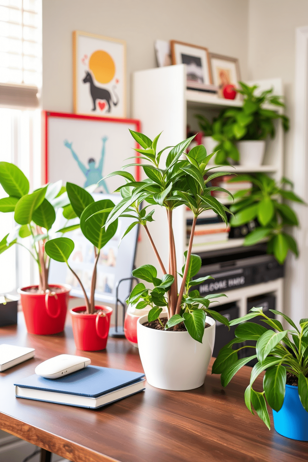 A vibrant home office featuring potted plants in red white and blue pots. The plants add a festive touch to the workspace while enhancing the overall decor with their lively colors.