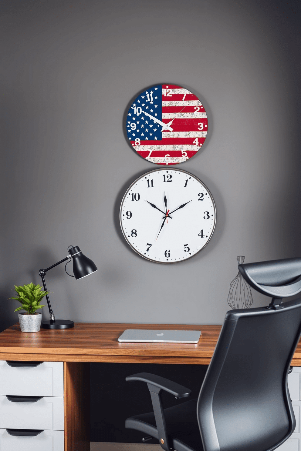 A stylish home office featuring an American flag themed wall clock that adds a patriotic touch to the space. The clock is mounted above a sleek wooden desk, complemented by a comfortable ergonomic chair and a small potted plant for a pop of greenery.