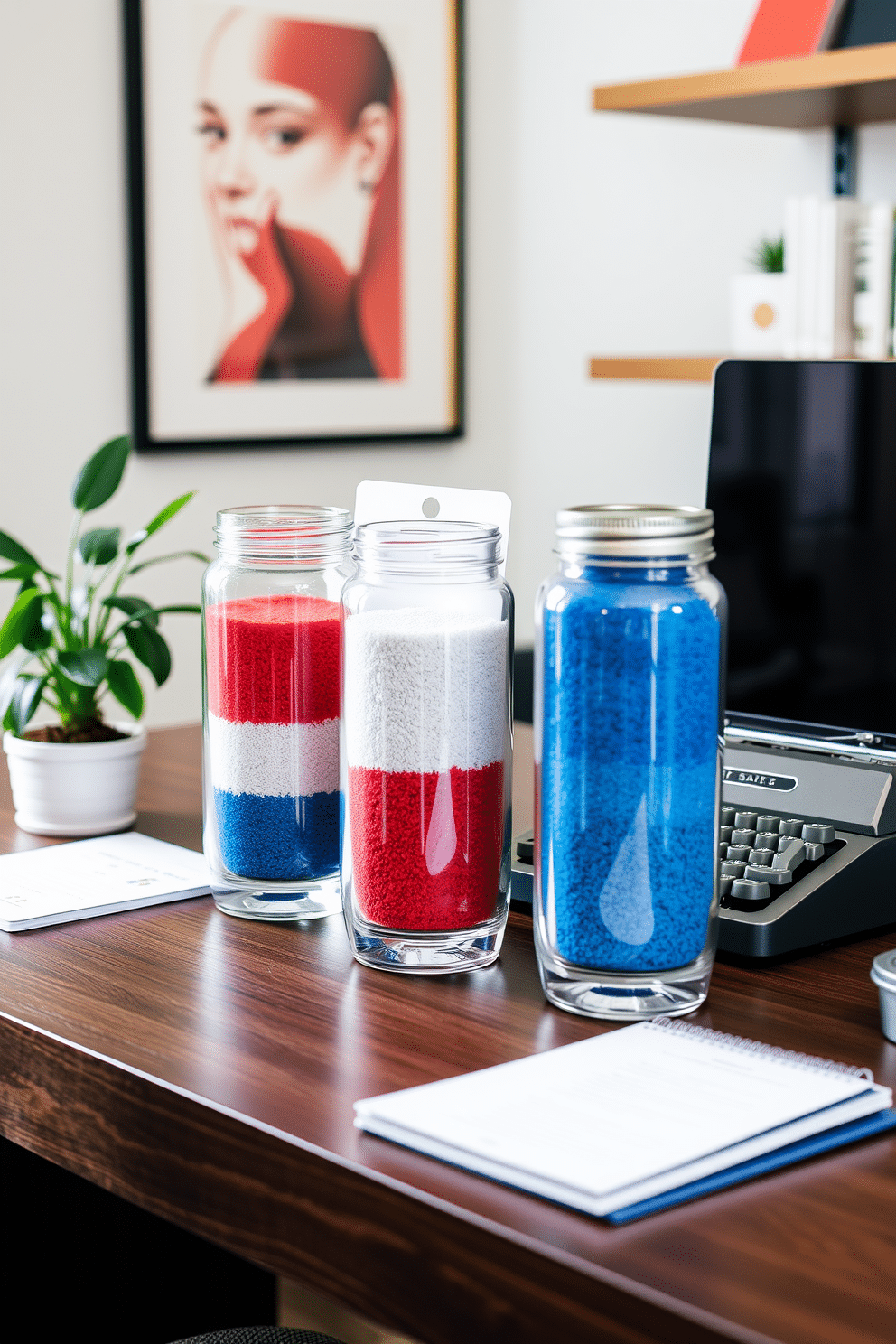 A stylish home office featuring decorative jars filled with colored sand in red, white, and blue. The jars are arranged on a sleek wooden desk alongside a vintage typewriter and a potted plant, creating a festive yet professional atmosphere.