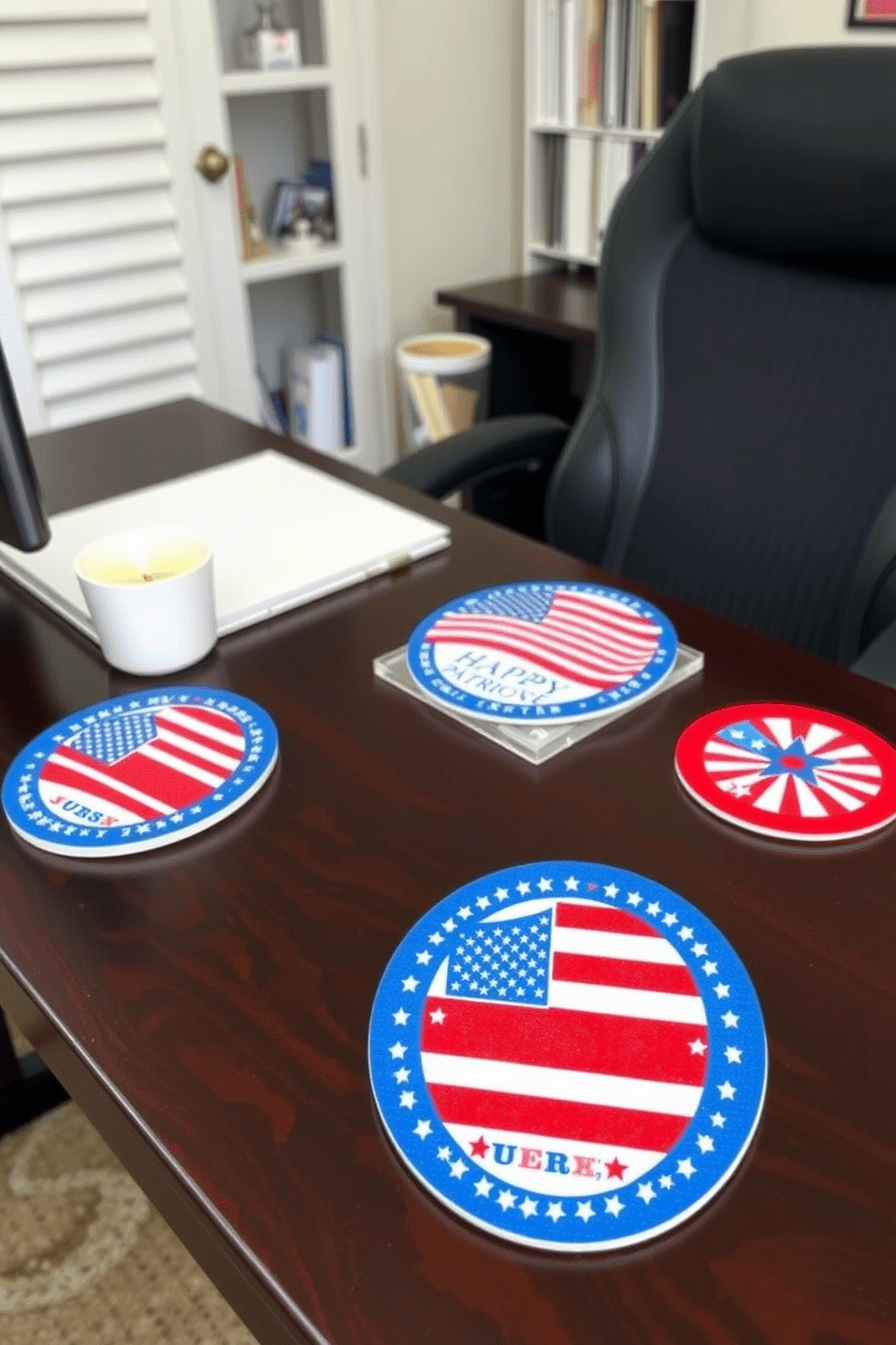 The home office is adorned with themed coasters featuring patriotic designs that celebrate Independence Day. Each coaster showcases vibrant colors and symbols such as stars and stripes, adding a festive touch to the workspace. The desk is crafted from dark wood, providing a striking contrast to the bright coasters. A comfortable ergonomic chair complements the setup, creating an inviting atmosphere for productivity and creativity.