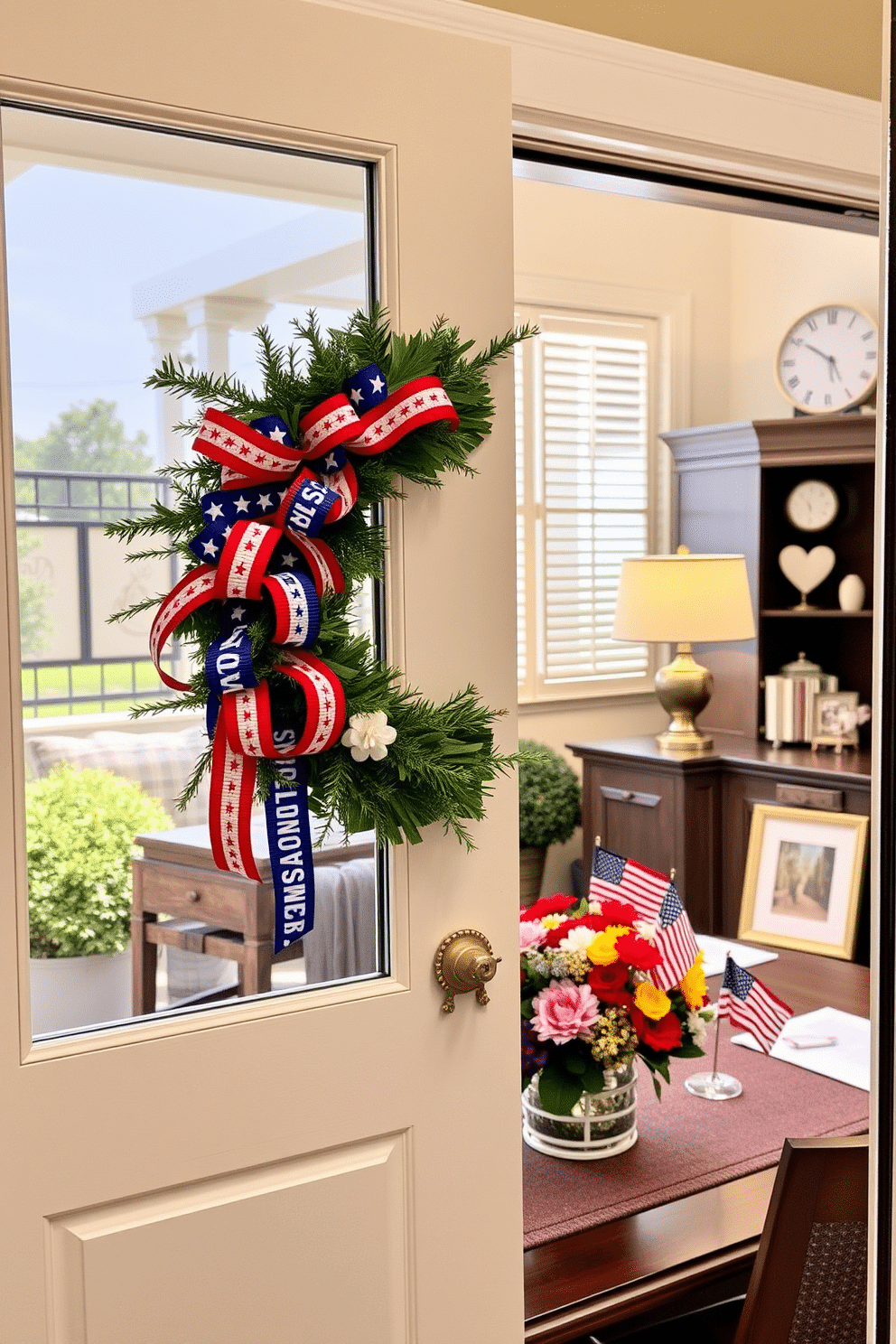 A festive wreath adorns the office door, featuring red white and blue accents to celebrate Independence Day. The wreath is made of fresh greenery and adorned with stars and stripes ribbons creating a patriotic welcome. Inside the home office, a blend of traditional and modern decor sets a cheerful tone. A desk is decorated with small American flag motifs and a centerpiece of seasonal flowers in vibrant colors.