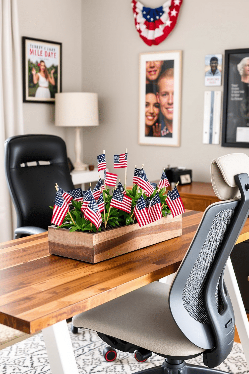 A stylish home office featuring a desk adorned with a planter filled with miniature flags celebrating Independence Day. The desk is made of reclaimed wood, and a comfortable ergonomic chair complements the patriotic decor, creating a vibrant and inviting workspace.