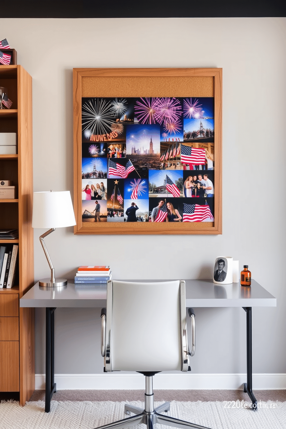 A patriotic photo collage adorns a bulletin board in a stylish home office. The collage features vibrant images of fireworks, flags, and family gatherings celebrating Independence Day. The bulletin board is framed in rustic wood, adding warmth to the modern office space. Underneath, a sleek desk with a comfortable chair completes the inviting and festive atmosphere.