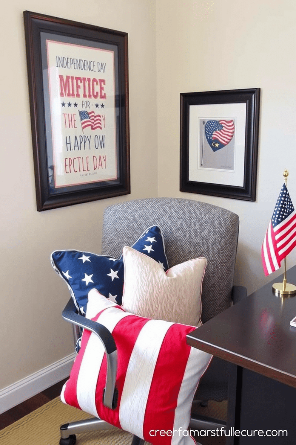 Create a cozy home office setting featuring an office chair adorned with patriotic throw pillows in red, white, and blue. The walls are decorated with framed artwork celebrating Independence Day, and a small American flag is placed on the desk for added festive charm.