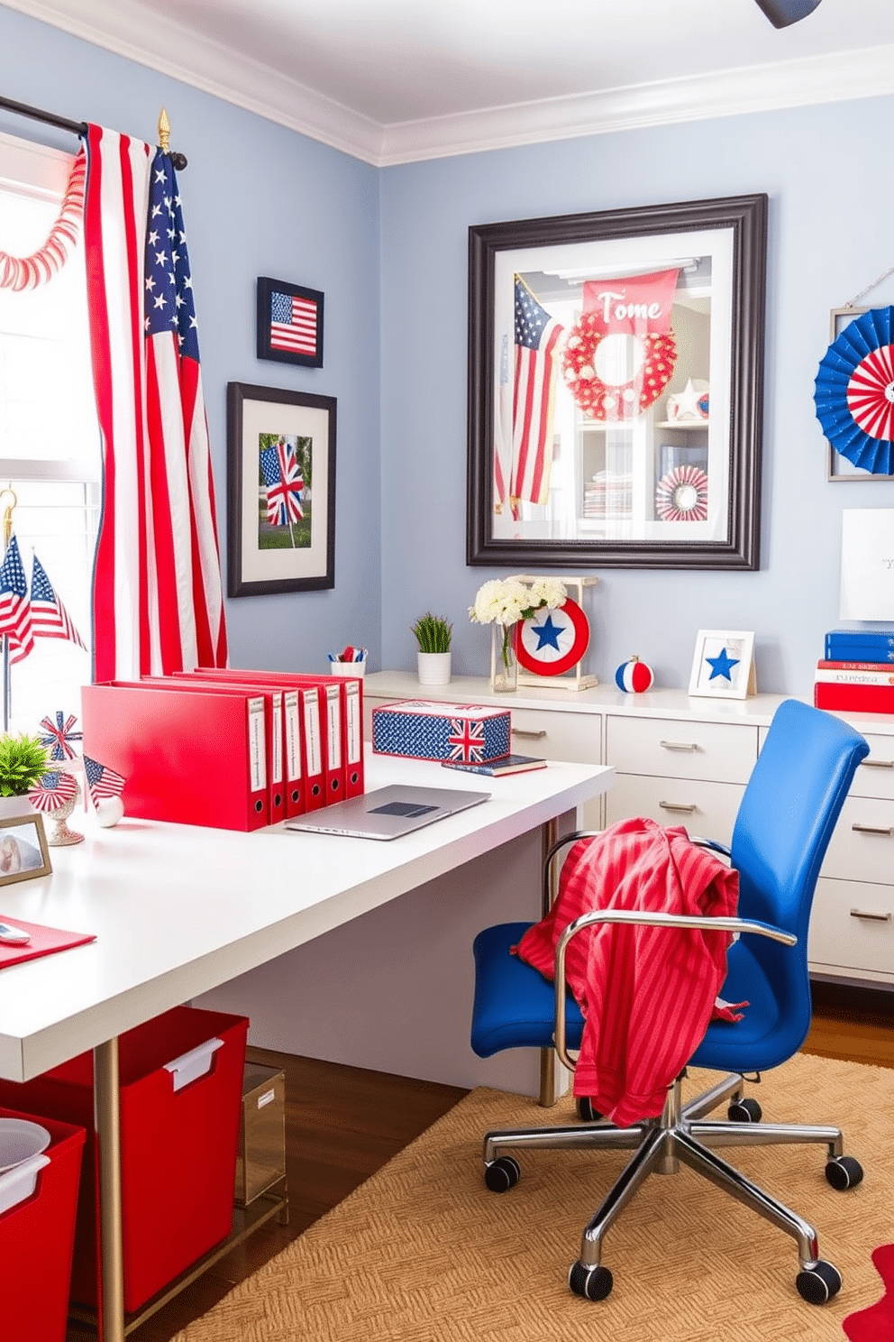 A vibrant home office setting celebrating Independence Day. The space features red white and blue file organizers neatly arranged on a sleek desk, complemented by patriotic decor elements throughout the room. The walls are adorned with framed artwork showcasing American flags and festive decorations. A comfortable chair in a bold blue hue invites productivity while adding to the celebratory atmosphere.