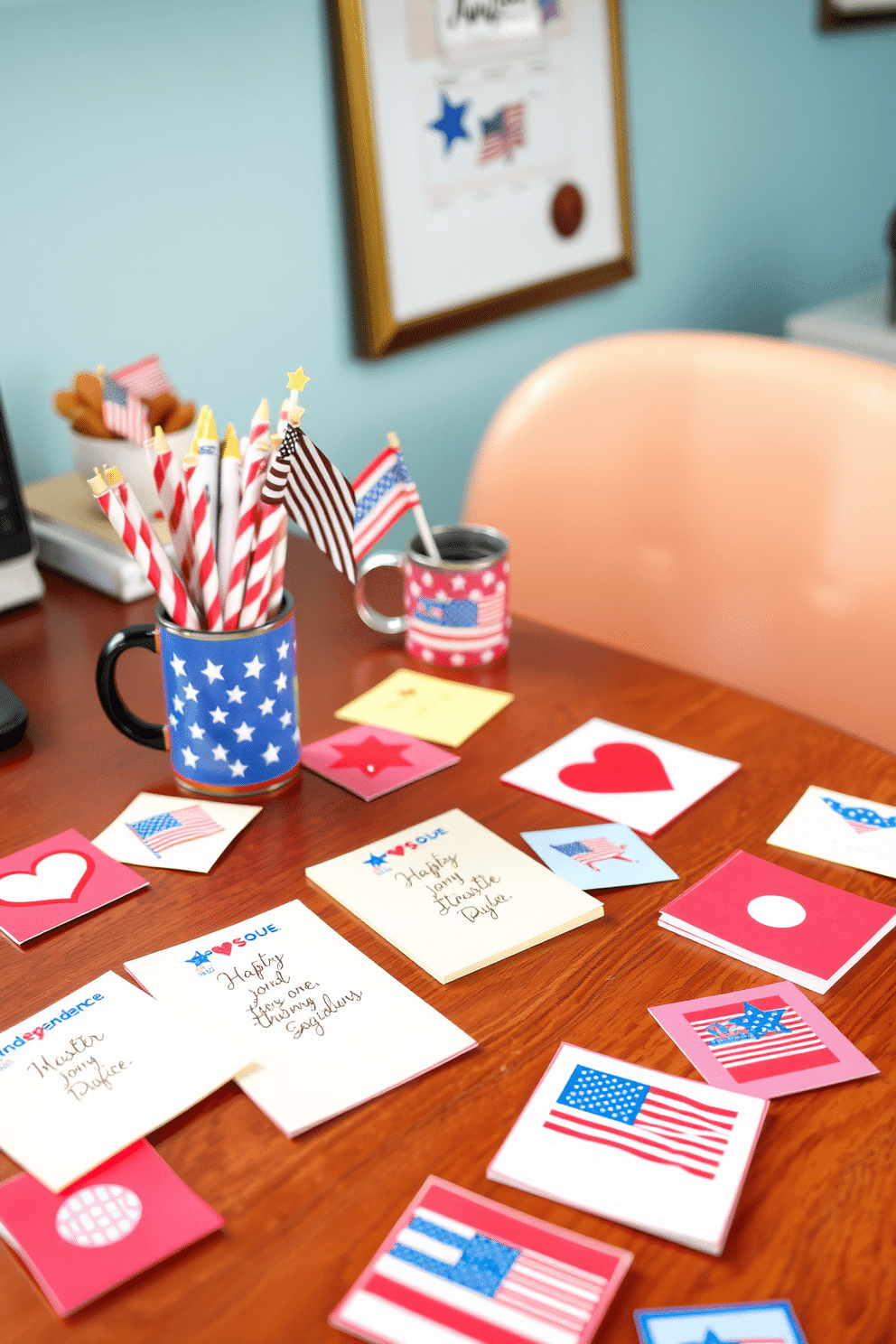 Independence Day themed sticky notes are scattered across a bright and cheerful home office desk. Each note features vibrant red, white, and blue designs with stars and stripes, creating a festive atmosphere. The desk is adorned with small decorative flags and a patriotic mug filled with pens. A cozy chair in a matching color scheme invites creativity and productivity in this celebratory workspace.