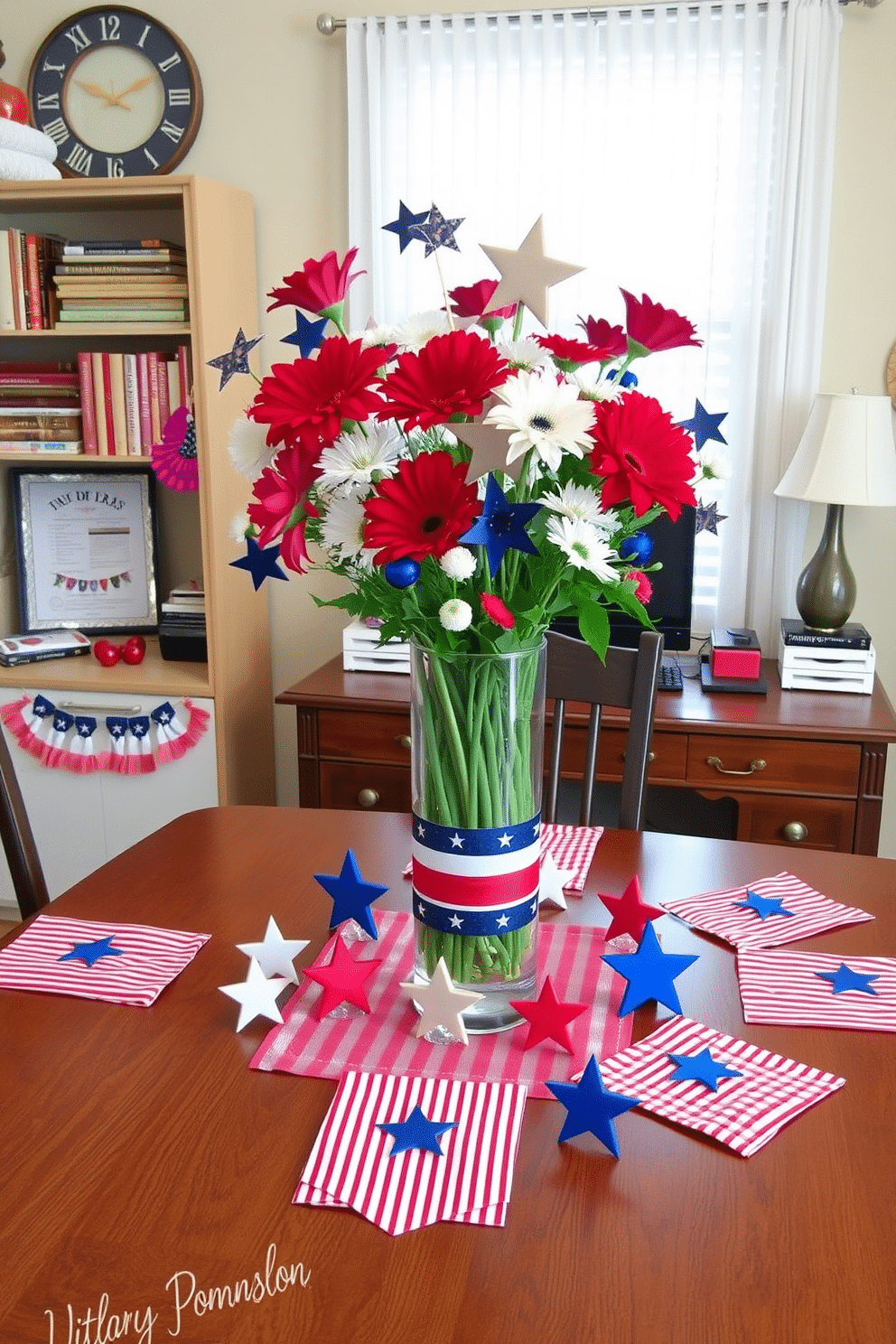 A festive home office setting celebrating Independence Day. The table is adorned with star and stripe table decorations, featuring a vibrant red, white, and blue color scheme. The centerpiece includes a large vase filled with fresh flowers in patriotic colors. Surrounding the vase are small decorative stars and striped napkins, creating a cheerful and inviting atmosphere.