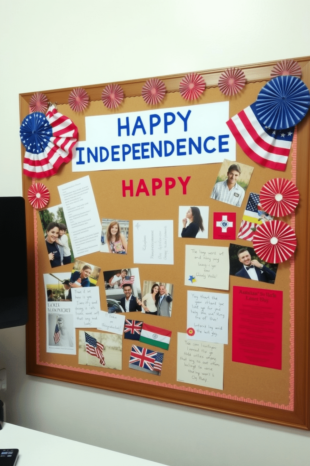 A creative bulletin board adorned with vibrant flag motifs celebrates Independence Day. The board is filled with colorful photos, inspirational quotes, and festive decorations that evoke a sense of patriotism and creativity in the home office.