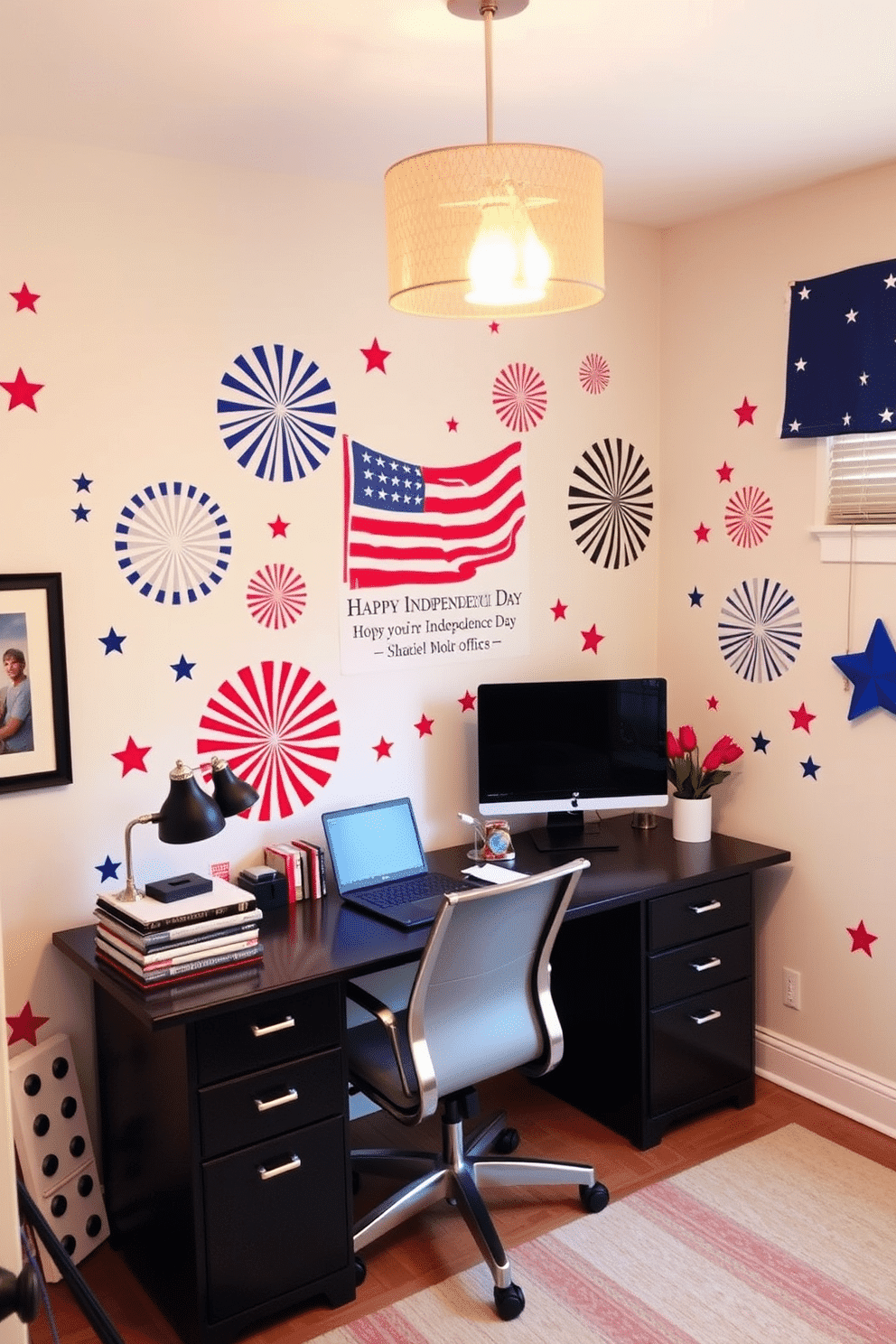 A home office decorated with patriotic themed wall decals celebrating Independence Day. The walls are adorned with vibrant red, white, and blue designs featuring stars and stripes, creating an inspiring and festive atmosphere.