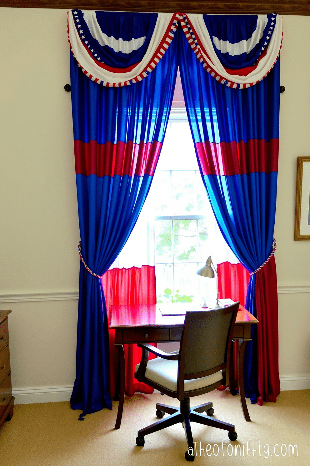 A vibrant home office adorned with red white and blue curtains celebrating Independence Day. The curtains frame a large window, allowing natural light to illuminate a stylish wooden desk and a comfortable chair.