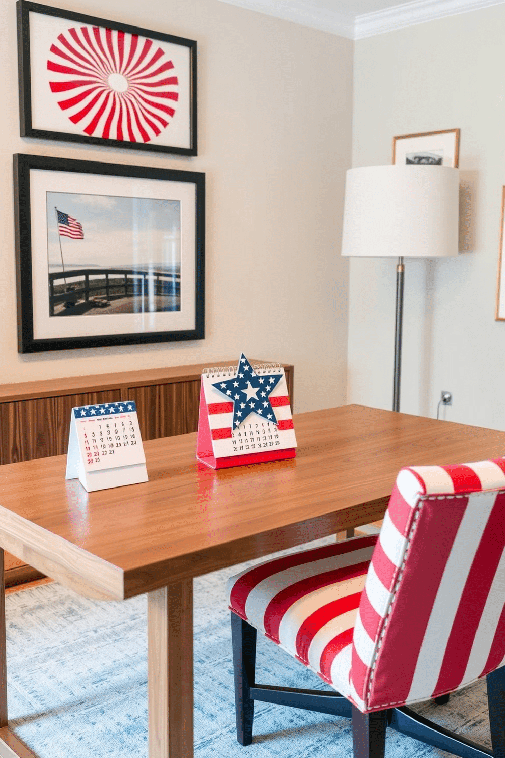 A stylish home office featuring a stars and stripes desk calendar prominently displayed on a sleek wooden desk. The walls are adorned with patriotic-themed artwork, and a comfortable chair with red and white stripes sits invitingly beside the desk.