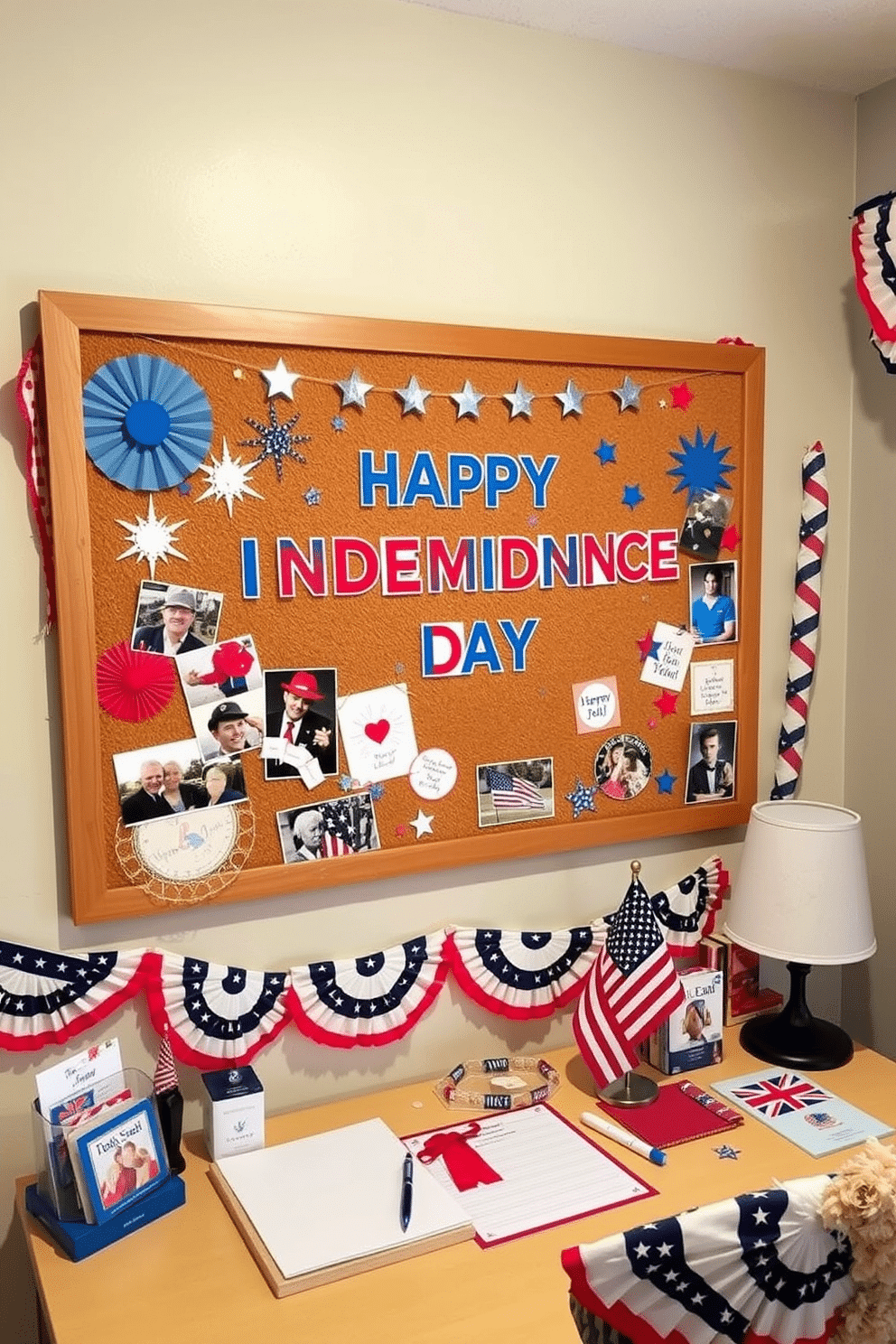 A vibrant corkboard display celebrating Independence Day. The board is adorned with red white and blue decorations including stars and stripes along with photographs of past celebrations. A cozy home office decorated for Independence Day. The space features patriotic bunting draped across the walls and a desk with themed stationery and a small American flag.