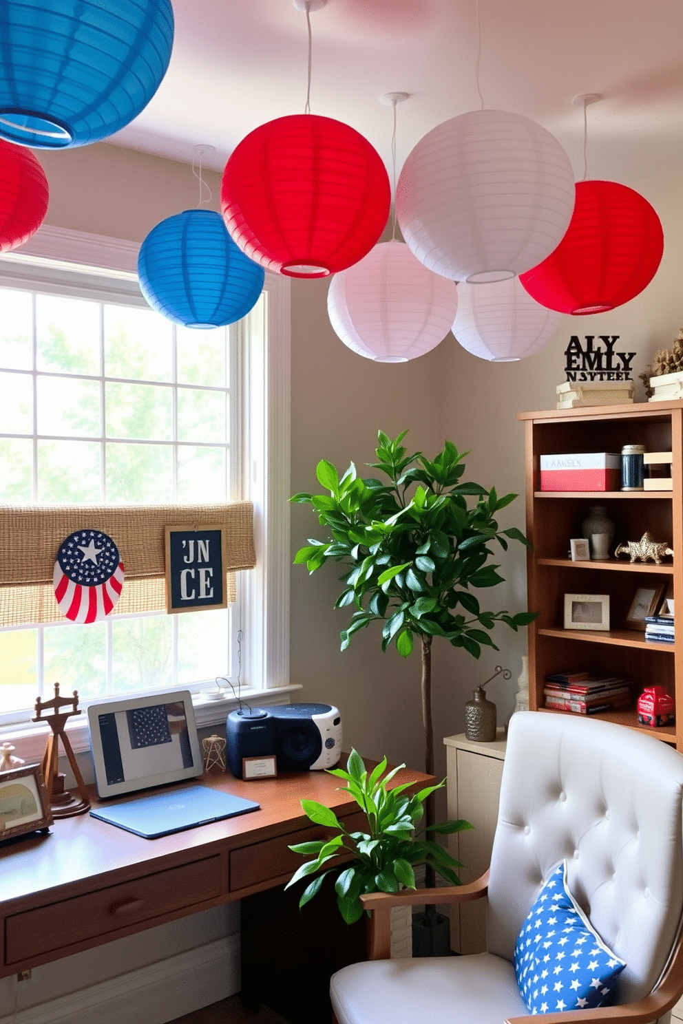 A cozy home office adorned with festive paper lanterns in red, white, and blue hanging from the ceiling. The desk is positioned near a window, decorated with patriotic-themed accessories and a small potted plant for a touch of greenery.