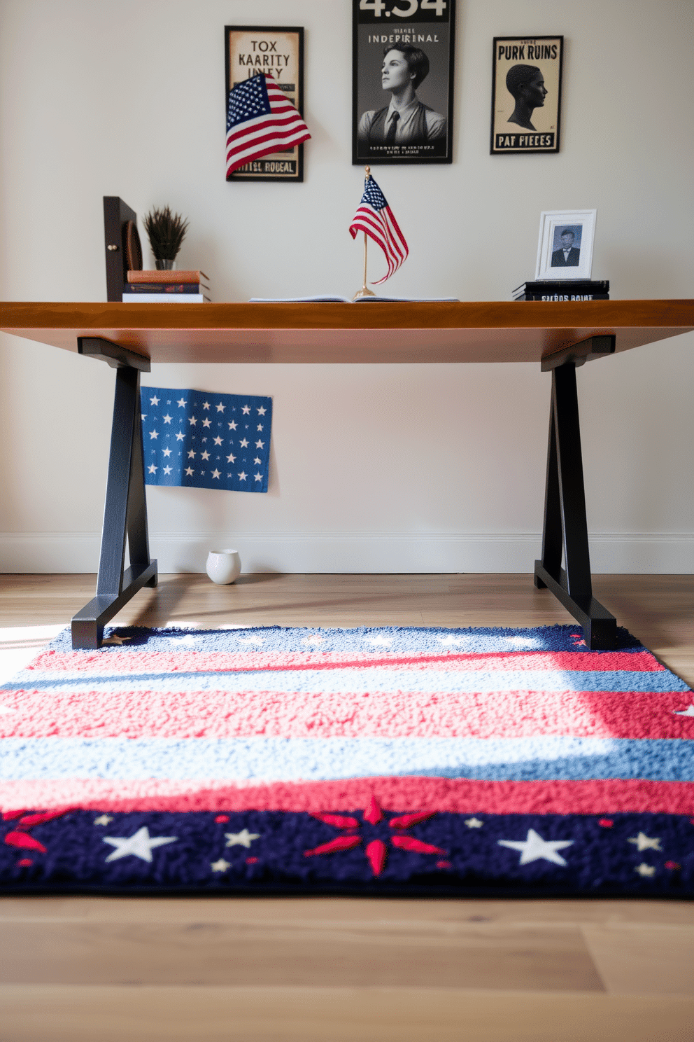 A patriotic themed rug is placed under a sleek wooden desk, featuring vibrant red, white, and blue colors that celebrate Independence Day. The office is adorned with subtle decorations like a small American flag and framed vintage posters, creating an inspiring workspace.