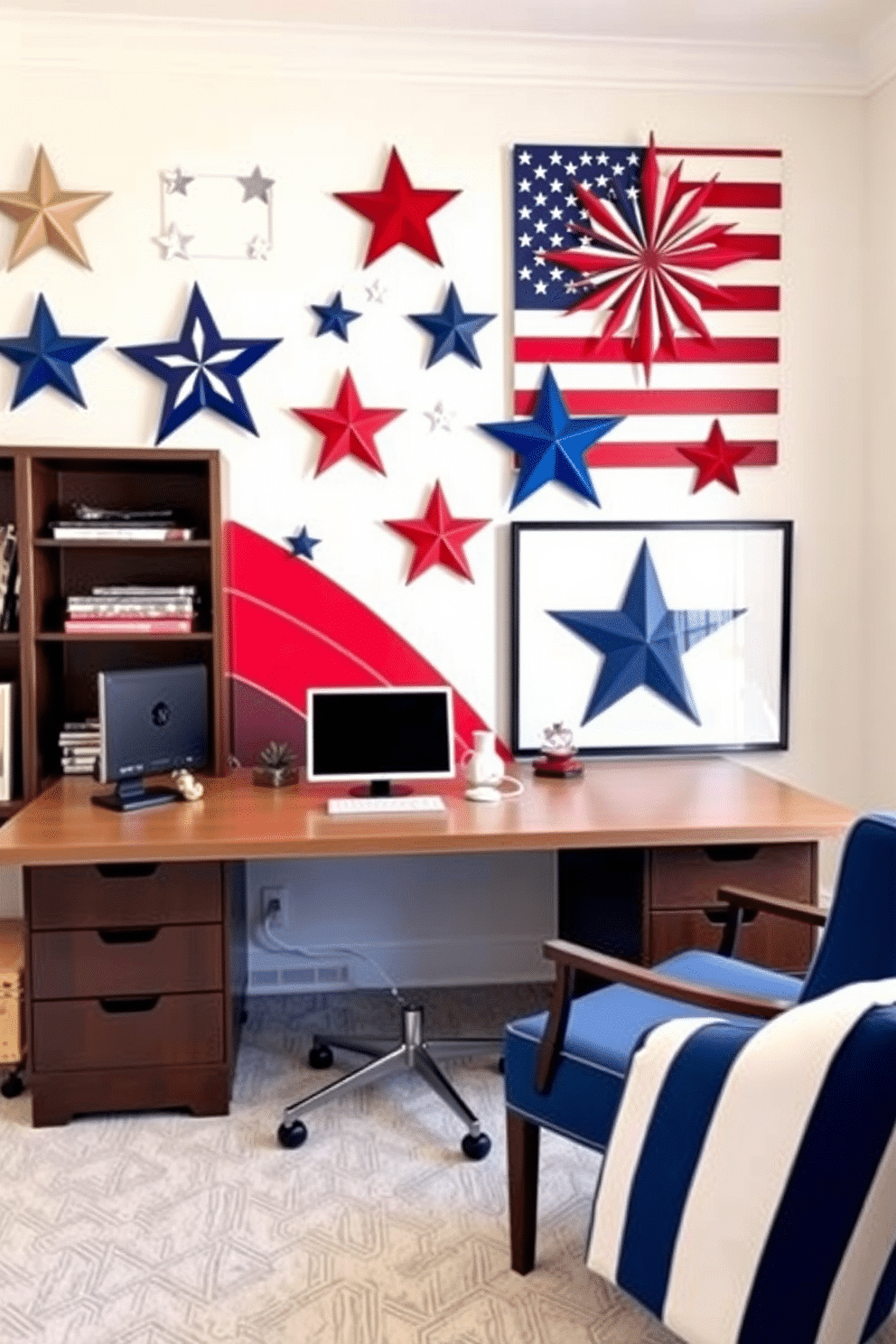 A vibrant home office featuring a stars and stripes wall art display that captures the spirit of Independence Day. The walls are painted in a soft white, allowing the bold colors of the artwork to stand out, while a sleek wooden desk and comfortable chair complete the workspace.