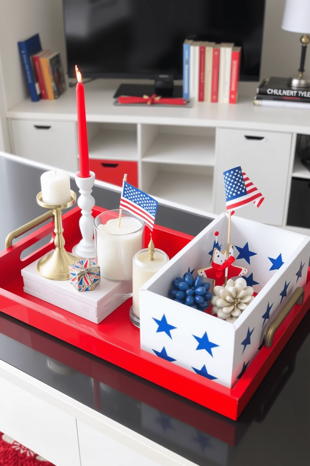 Decorative trays adorned with red white and blue accents are arranged on a sleek modern desk. The trays hold an assortment of patriotic-themed items such as candles, small flags, and seasonal decor that enhance the festive atmosphere of the home office. A vibrant red tray serves as a base, complemented by a white tray featuring blue star motifs. Together, they create a cohesive and inviting display that celebrates Independence Day while maintaining a stylish workspace.