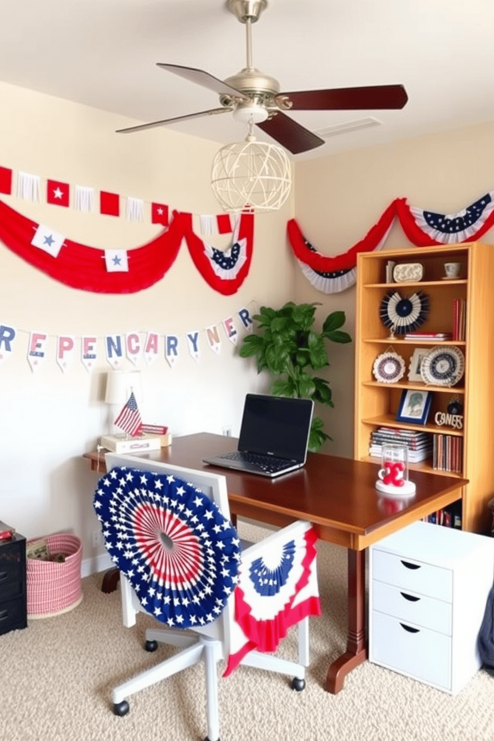 A festive home office setting for Independence Day. Colorful bunting in red white and blue hangs along the walls creating a celebratory atmosphere. A wooden desk is adorned with stars and stripes decorations. A patriotic themed chair adds to the festive look while maintaining a professional workspace.