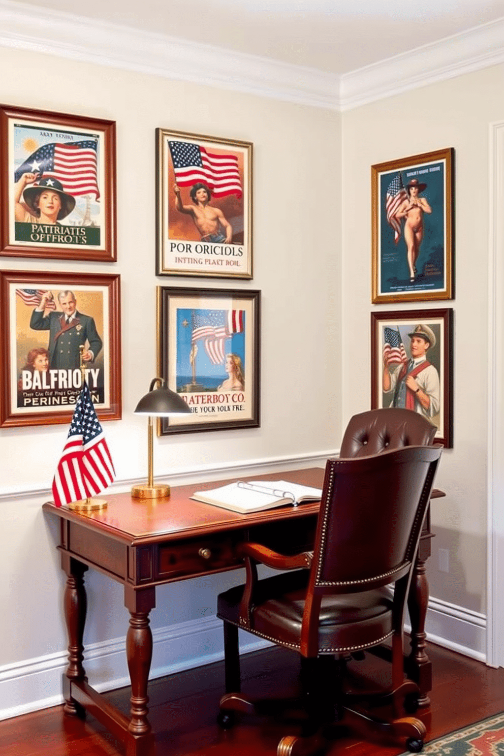 A cozy home office adorned with vintage patriotic posters framed elegantly on the walls. The desk is a classic wooden piece with a rich finish, complemented by a comfortable leather chair and a small American flag on the corner.