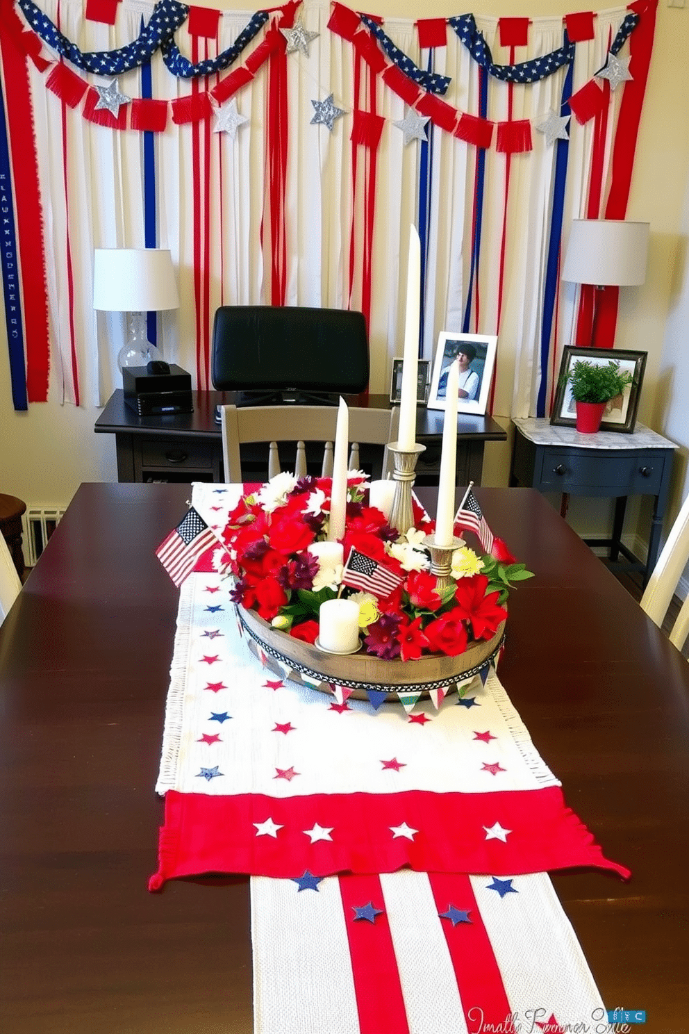 A vibrant centerpiece for Independence Day featuring a large red white and blue table runner adorned with small flags and decorative stars. In the center sits a rustic wooden tray filled with fresh flowers in patriotic colors alongside candles of varying heights. A home office decorated for Independence Day with a backdrop of red white and blue bunting draped across the wall. The desk is accessorized with a small potted plant and a framed photo of a previous Independence Day celebration.