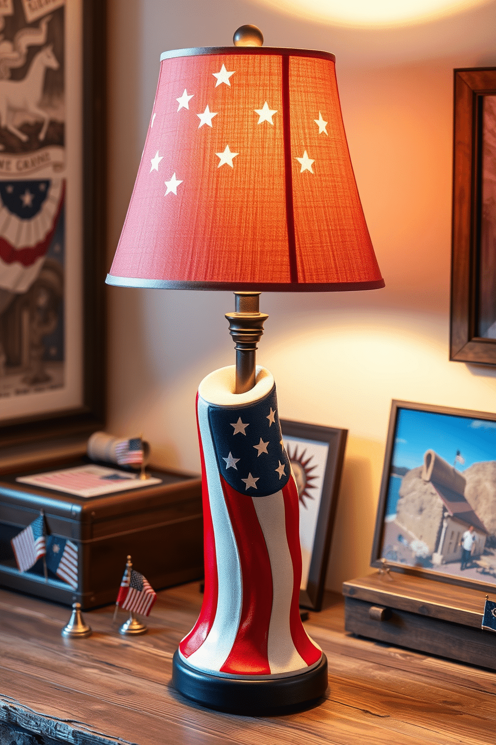 A patriotic-themed desk lamp design features a base shaped like a waving flag in vibrant red white and blue colors. The lampshade is adorned with stars and stripes creating a festive atmosphere perfect for Independence Day celebrations. This lamp is positioned on a rustic wooden desk surrounded by decorative elements like miniature flags and themed artwork. The warm glow of the lamp enhances the cozy home office space while showcasing a strong sense of national pride.