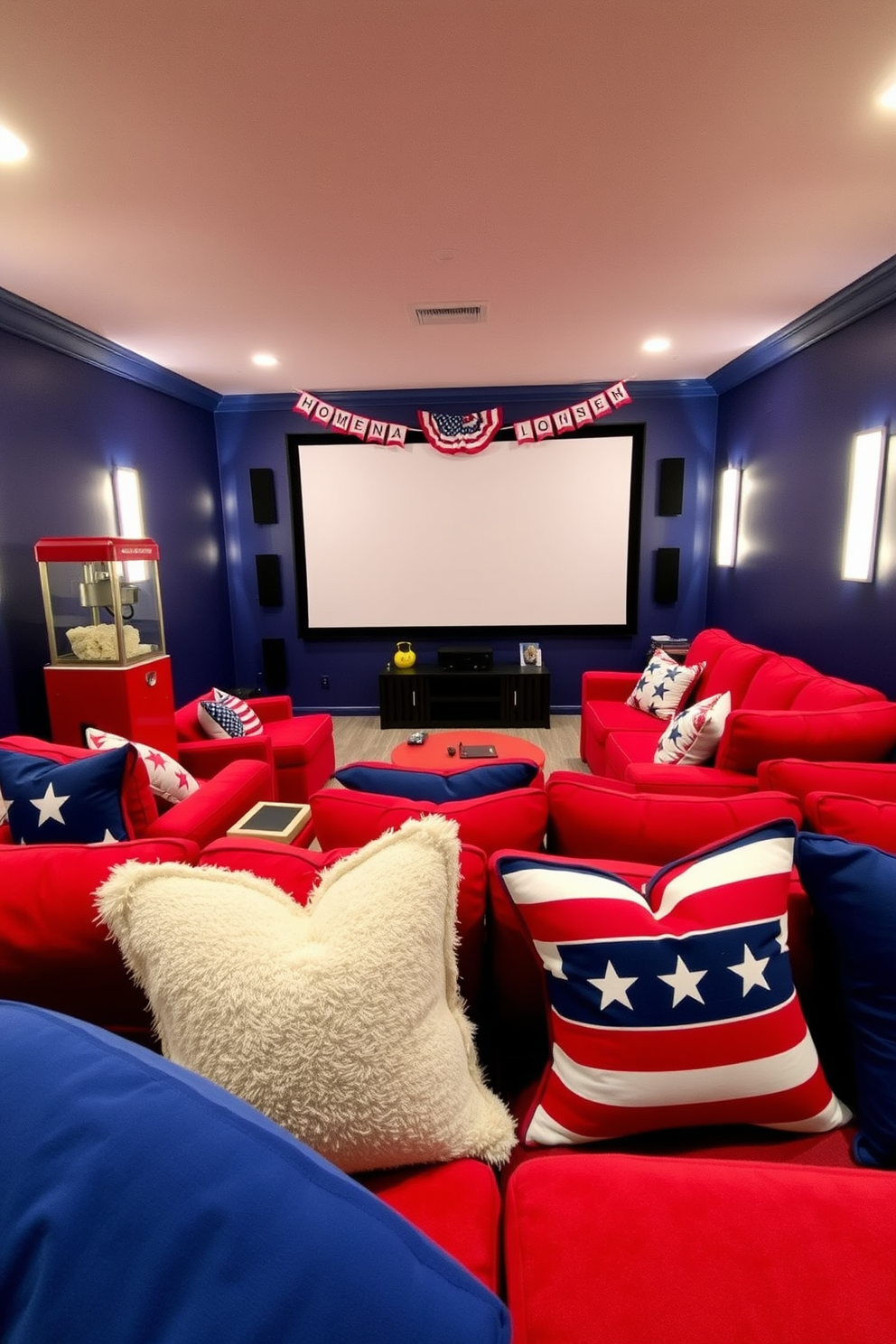 A vibrant home theater adorned in red, white, and blue celebrates Independence Day. Plush seating in varying shades of red and blue is arranged for optimal viewing, with decorative throw pillows featuring stars and stripes. The walls are painted a deep navy, creating a cozy atmosphere, while soft white lighting highlights the space. A large screen is framed by patriotic bunting, and a vintage popcorn machine adds a fun touch to the decor.