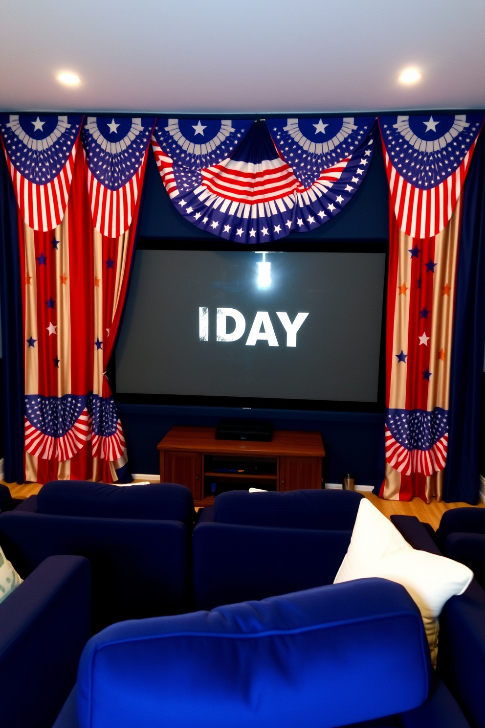 A cozy home theater adorned with themed curtains featuring vibrant flag motifs celebrating Independence Day. The curtains frame a large screen, enhancing the festive atmosphere while plush seating in rich navy complements the patriotic decor.