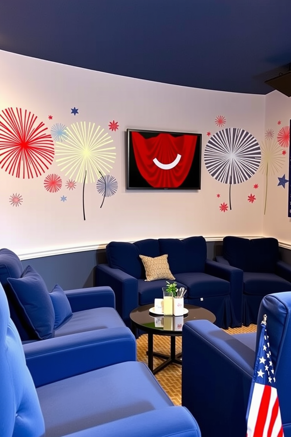 A cozy home theater decorated for Independence Day features festive wall decals of colorful fireworks bursting across the walls. Plush seating in deep blue tones complements the vibrant decorations, creating an inviting space for movie nights and celebrations.