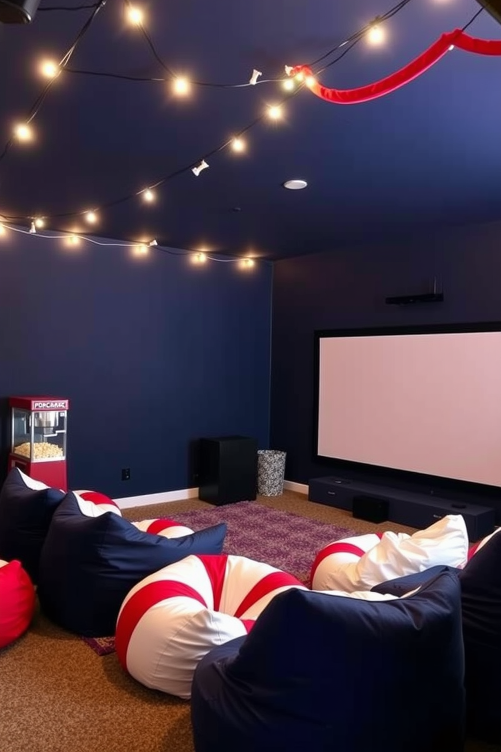 A cozy home theater adorned with red white and blue bean bags creates a festive atmosphere for Independence Day celebrations. The walls are painted a deep navy blue, and a large screen dominates the front of the room, ready for movie marathons. String lights hang from the ceiling, casting a warm glow over the seating area. A popcorn machine sits in the corner, adding a fun touch to the patriotic theme while providing snacks for guests.