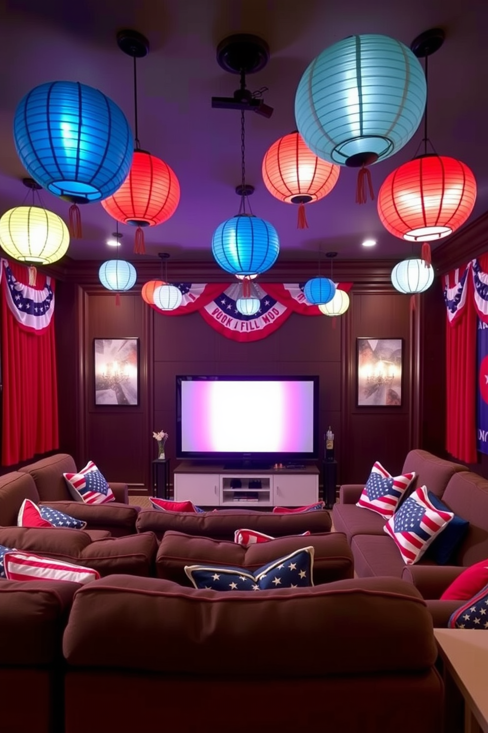 A cozy home theater decorated for Independence Day features decorative lanterns in red, white, and blue hues hanging from the ceiling. Plush seating is arranged in a semi-circle facing a large screen, with festive throw pillows adding a touch of patriotism.