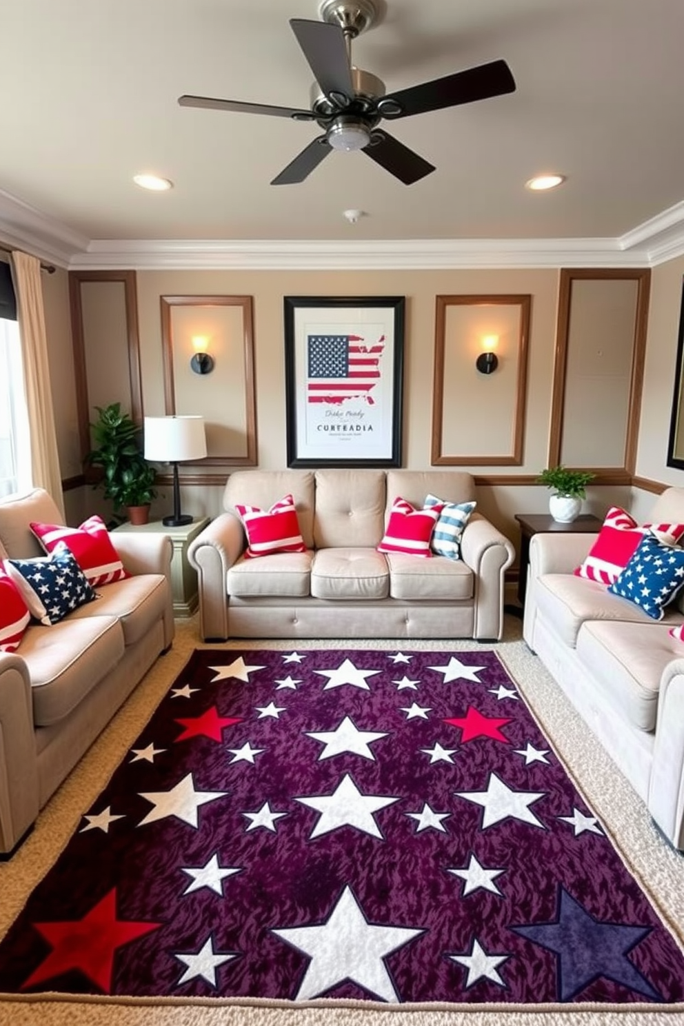 A cozy home theater featuring a stars and stripes area rug that adds a festive touch for Independence Day. The seating area includes plush sofas arranged for optimal viewing, with patriotic-themed throw pillows enhancing the decor.