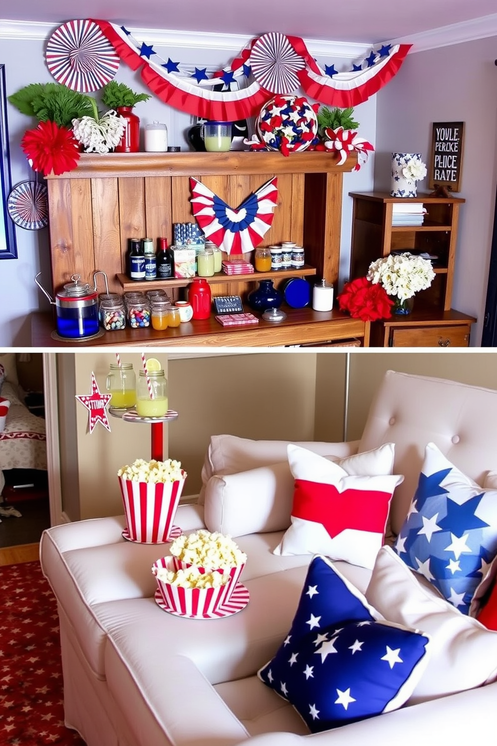 A vibrant Independence Day themed drink station featuring a rustic wooden bar adorned with red white and blue decorations. The bar is stocked with an assortment of festive beverages including lemonade and cocktails served in mason jars alongside patriotic themed straws and coasters. A cozy Independence Day home theater decorated with red white and blue accents throughout the space. Plush seating is arranged for optimal viewing of classic patriotic films with popcorn bowls and themed cushions adding to the festive atmosphere.