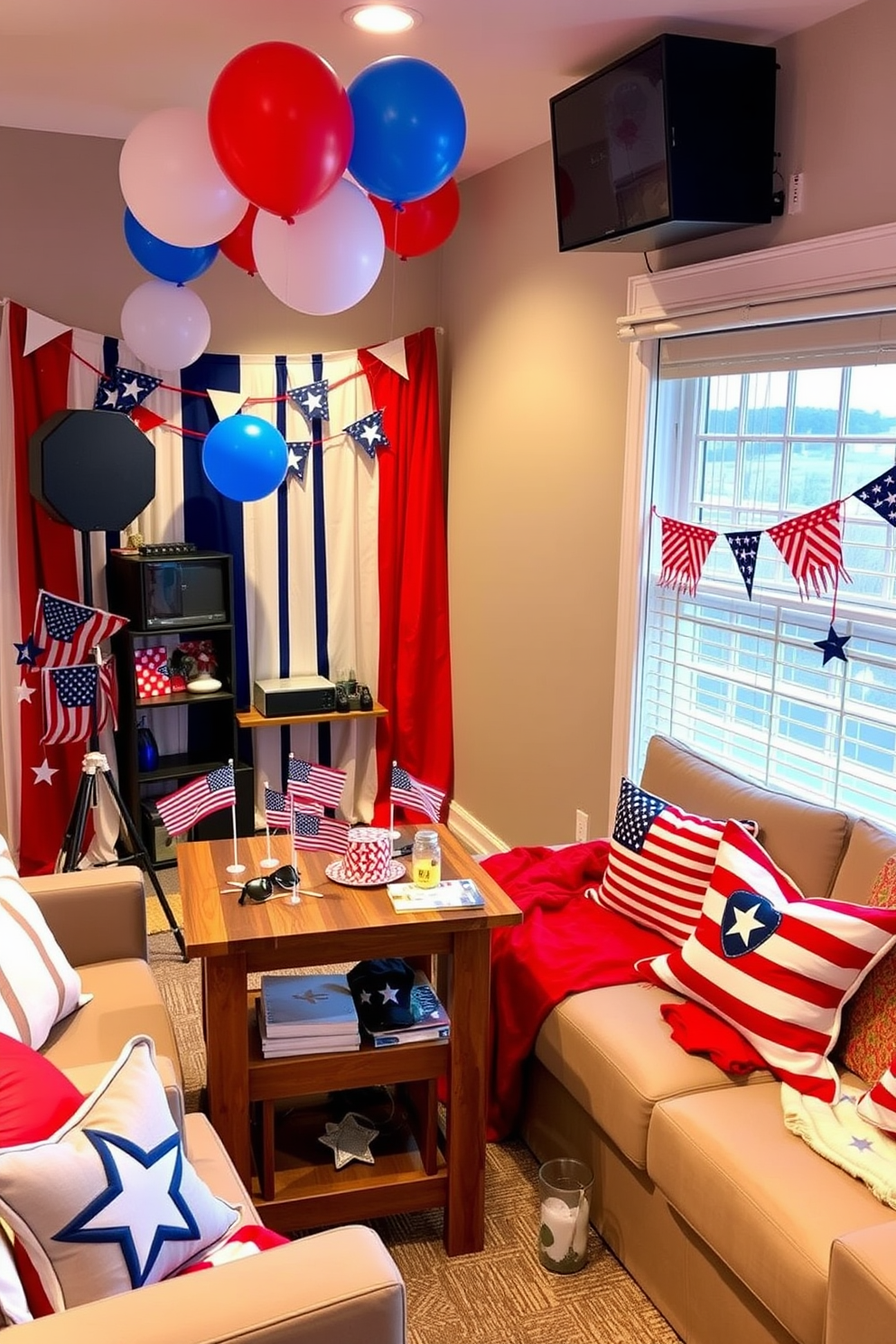 A vibrant patriotic photo booth corner setup featuring a backdrop of red white and blue bunting and balloons. A wooden table is adorned with themed props such as miniature flags hats and sunglasses for guests to wear. The home theater is decorated with stars and stripes accents creating an immersive Independence Day experience. Comfortable seating is complemented by festive throw pillows and blankets in patriotic colors enhancing the cozy atmosphere.