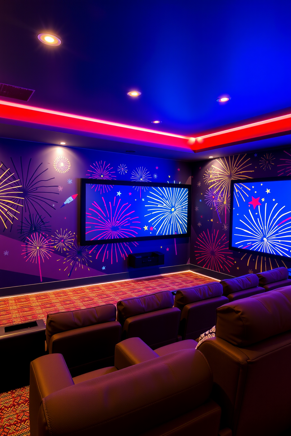 A vibrant home theater featuring firecracker inspired wall art that captures the spirit of Independence Day. The walls are adorned with colorful, explosive designs that create a festive atmosphere, complemented by plush seating and ambient lighting for an immersive viewing experience.