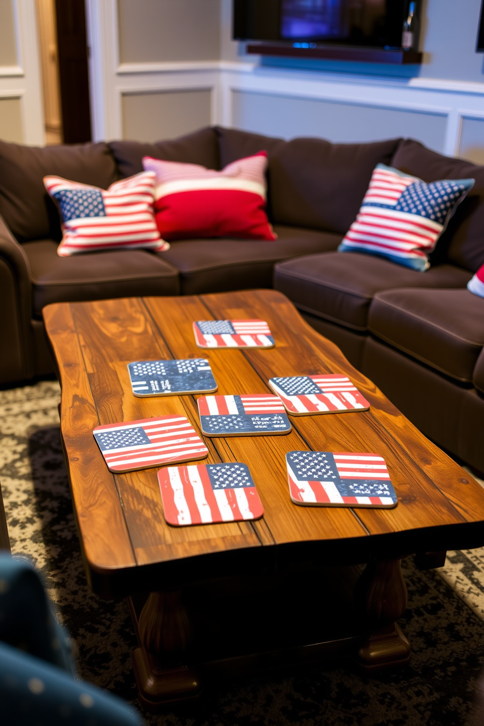 Themed coasters featuring vibrant flag designs are arranged on a rustic wooden coffee table. The coasters add a festive touch to the home theater, complementing the red, white, and blue color scheme of the decor. Surrounding the coasters, plush seating is adorned with patriotic throw pillows. Dim lighting enhances the cozy atmosphere, creating an inviting space for Independence Day celebrations.