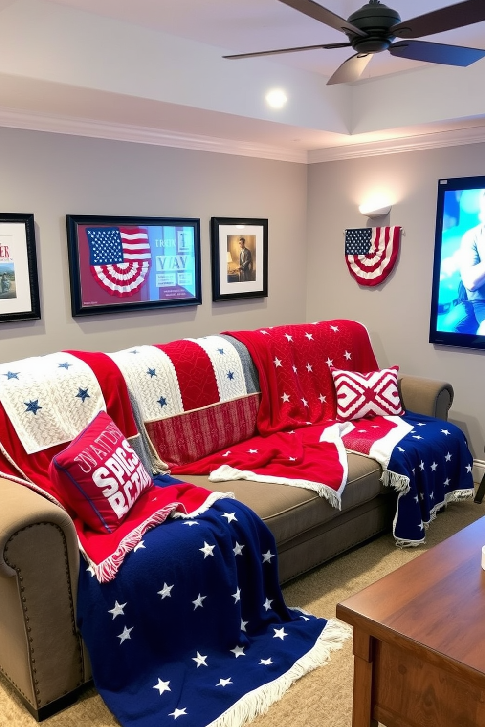 A cozy home theater adorned with red, white, and blue themed blankets draped over a plush sectional sofa. The walls are painted in a soft gray, and patriotic artwork is displayed, creating a festive atmosphere for Independence Day celebrations.