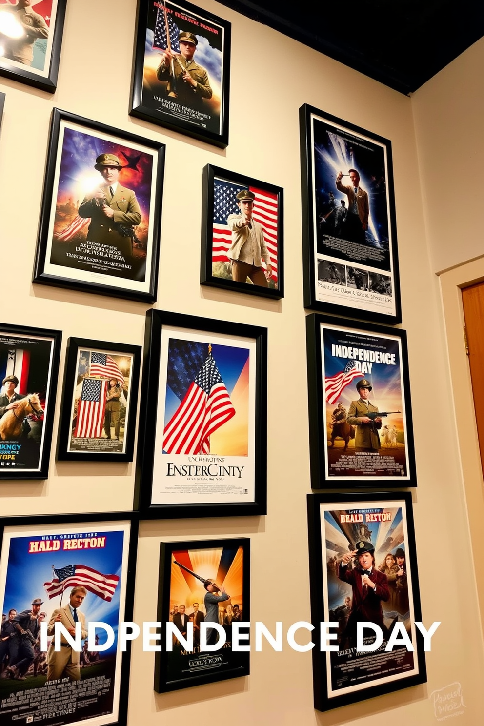 A gallery wall featuring patriotic movie posters celebrating Independence Day. The posters are framed in sleek black frames and arranged in a dynamic layout, showcasing iconic films that evoke national pride.