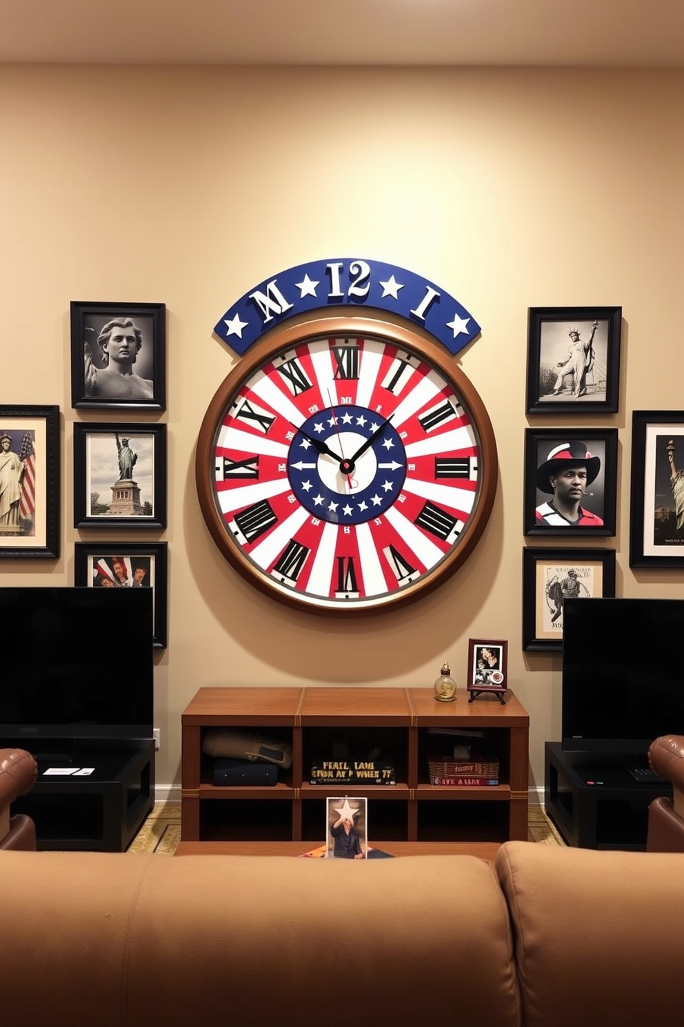 A striking patriotic themed wall clock is the centerpiece of the home theater, featuring bold red white and blue colors with stars and stripes. Surrounding the clock are framed images of iconic American symbols creating a festive atmosphere for Independence Day celebrations.