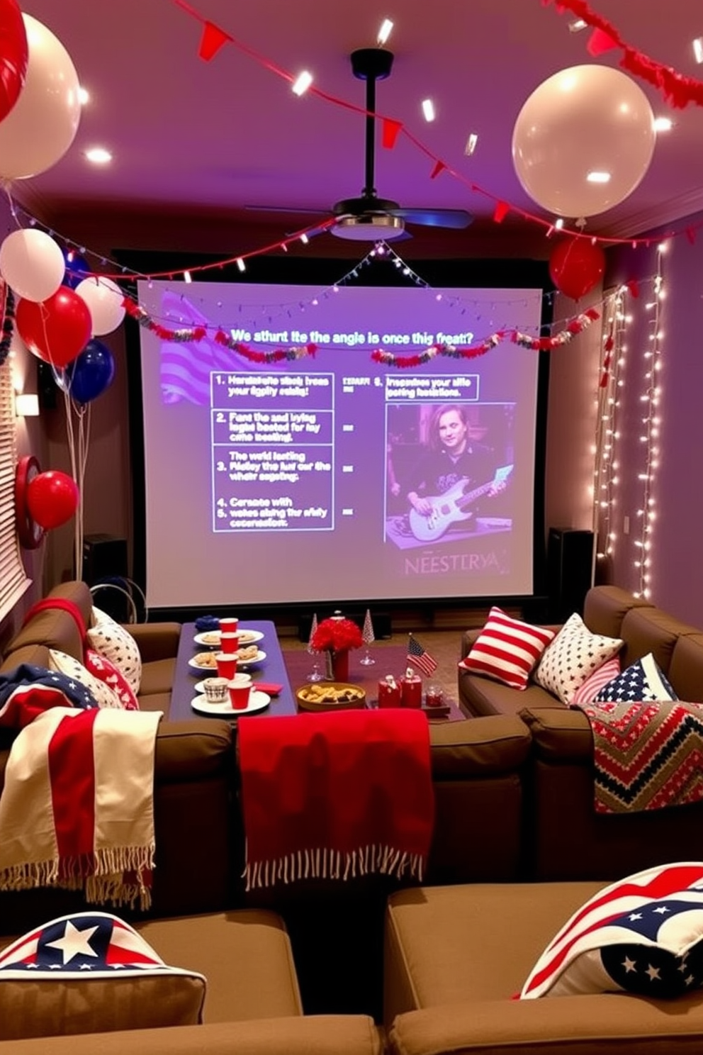 Independence Day trivia game night setup. The room is adorned with red white and blue decorations including balloons and streamers. A large table is set with patriotic themed tableware and snacks. A projector screen displays fun trivia questions with comfortable seating arranged for guests. Independence Day Home Theater Decorating Ideas. The home theater features a cozy setup with a large screen and plush seating draped in festive throws. String lights in red white and blue create a festive ambiance while patriotic-themed cushions add a touch of celebration.