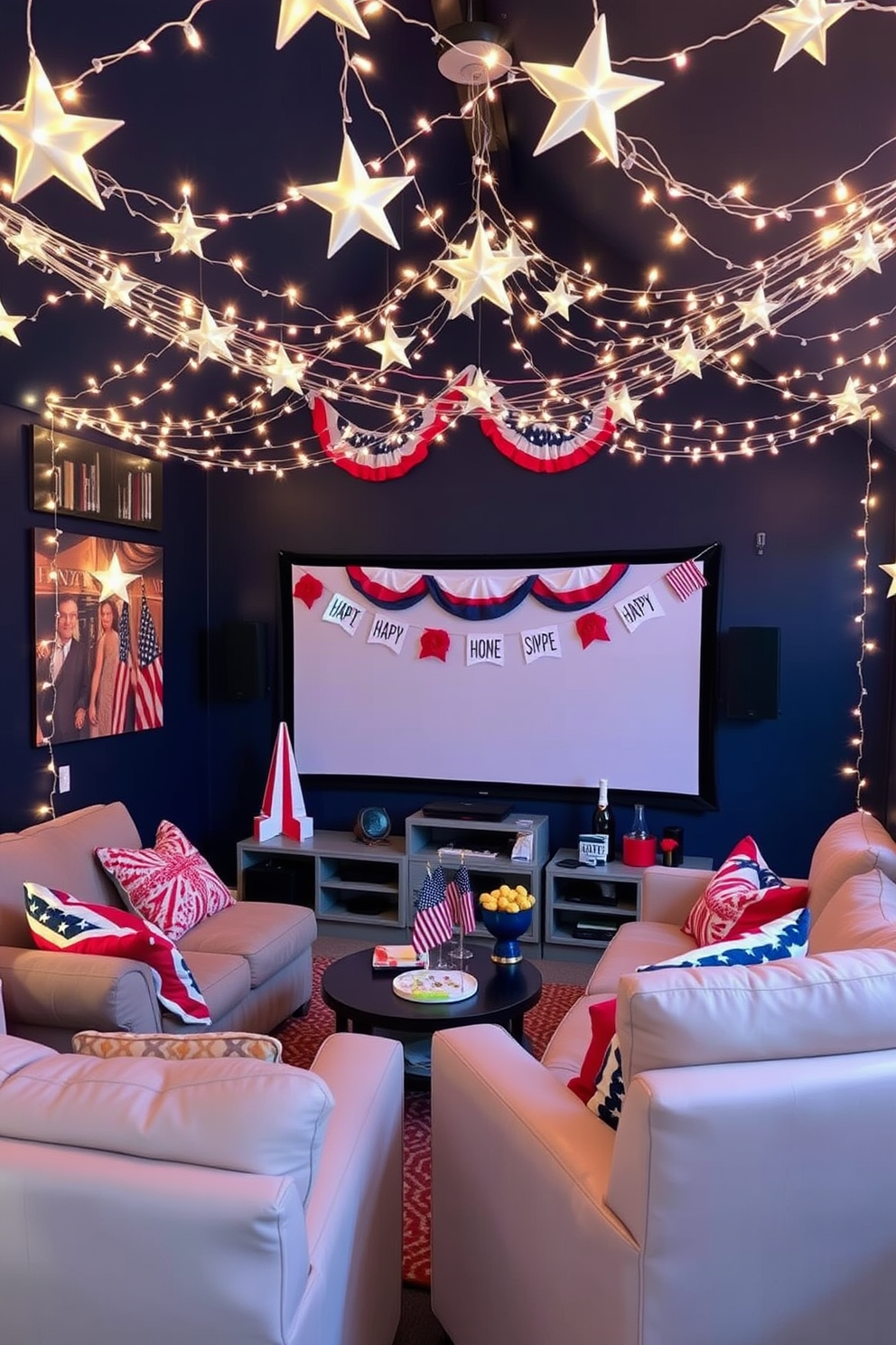 A cozy home theater setting adorned with star-shaped fairy lights that create a warm and inviting ambiance. The walls are painted a deep navy blue, and plush seating is arranged for optimal viewing comfort. Red, white, and blue decorations are tastefully integrated throughout the space, celebrating Independence Day. A large screen is framed by patriotic bunting, and themed snacks are displayed on a stylish side table.