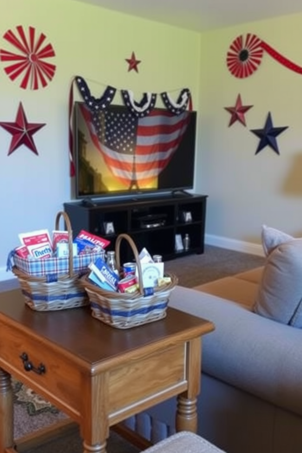 A cozy home theater setting designed for Independence Day celebrations. Decorative baskets filled with snacks and drinks are placed on a wooden side table, adding a festive touch to the room. The walls are adorned with red, white, and blue decorations, creating a patriotic atmosphere. Soft lighting enhances the ambiance, while comfortable seating invites guests to relax and enjoy the movie.